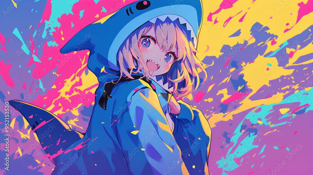cute shark character wearing anime onesie costume, anime style, cute kawaii, simple, smiling happy. neon psychedelic background cute shark character wearing anime onesie costume, anime style, cute kawaii, simple, smiling happy. neon psychedelic background