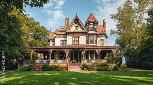 A grand Victorian-style house surrounded by lush greenery and a spacious lawn.