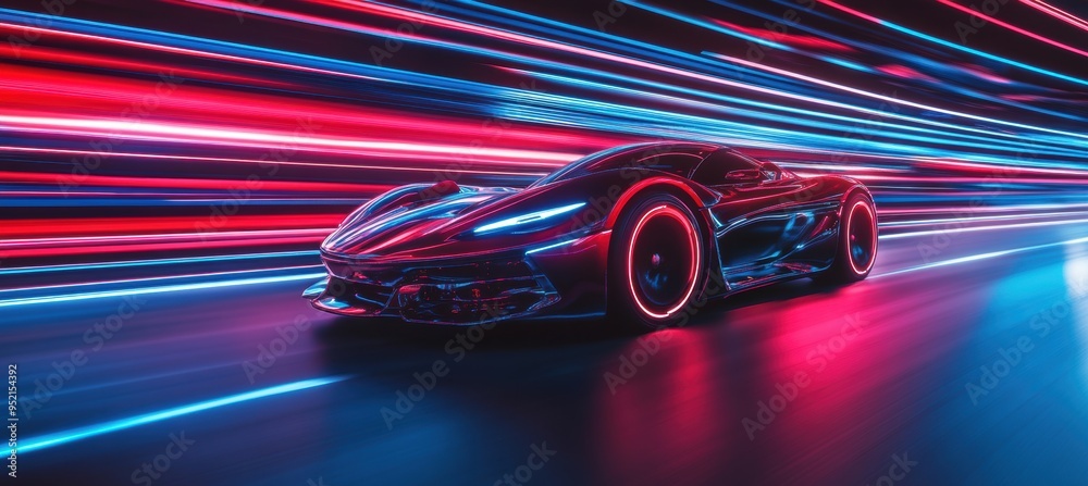 Futuristic red sports car accelerating on a road Futuristic red sports car accelerating on a road