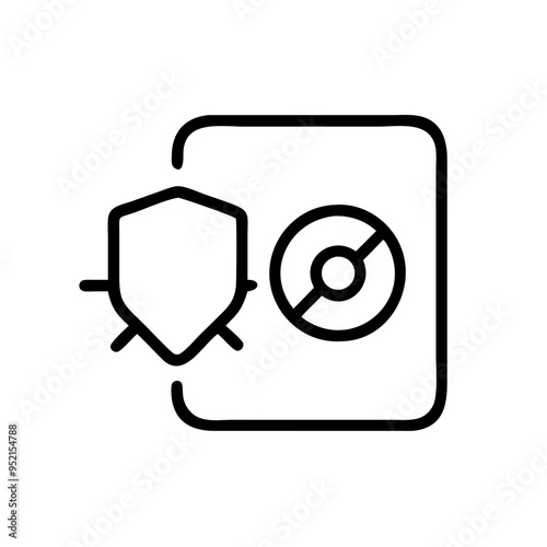 Cybersecurity icon with shield and bug in black and white line art
