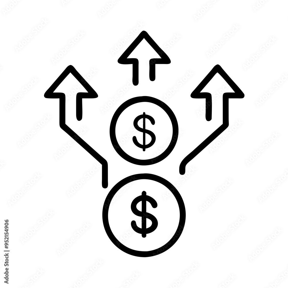 Dollar coins with upward arrows icon in black and white line art Dollar coins with upward arrows icon in black and white line art