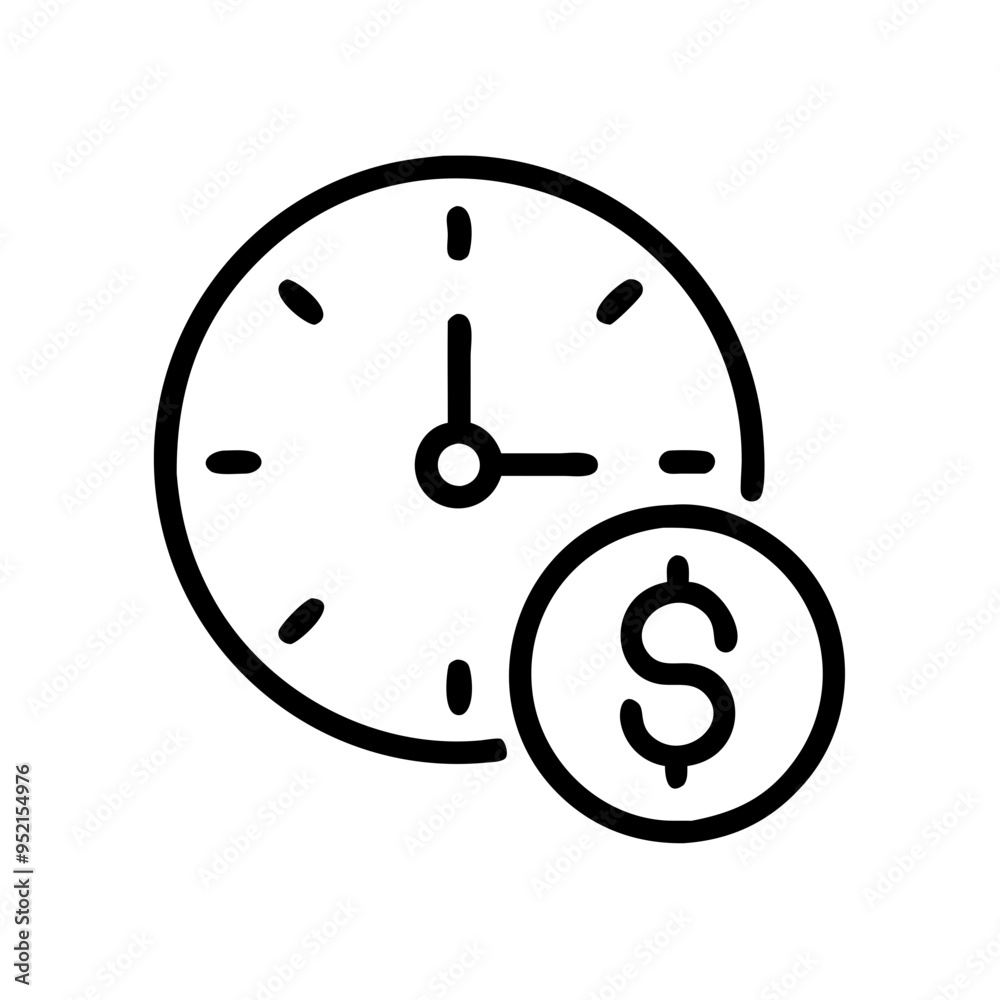 Time is money icon in black and white line art Time is money icon in black and white line art