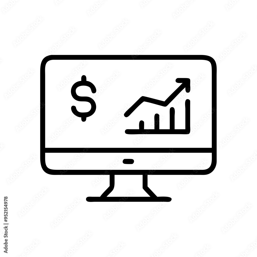 Computer screen with financial graph and dollar icon in black and white line art Computer screen with financial graph and dollar icon in black and white line art