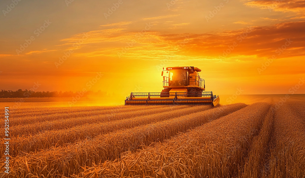 Fototapeta premium harvest wheat. combine harvester sunset working on ripe wheat field, moisson , rich harvest Concept, wheat field, wheat crop, Agriculture
