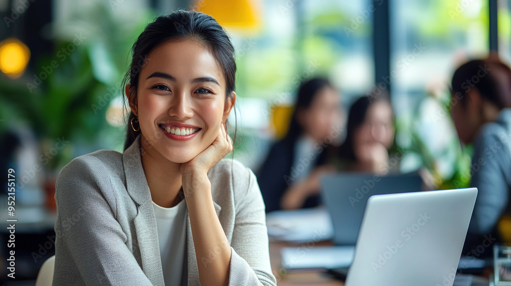 Happy Asian woman with a laptop Happy Asian woman with a laptop