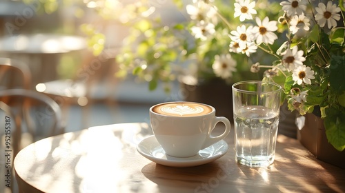 Sunlit cafe table, latte art in white ceramic cup, golden hour warmth, dappled light through leaves, delicate white flowers, glass of water, cozy outdoor setting, soft focus background.