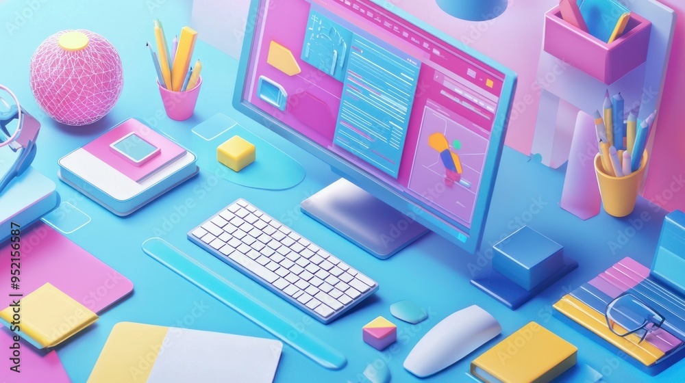 Business isometric workplace  concept of workplace with computer Desk and office equipment.Workplace Isometric Vector Illustration 3d rendering