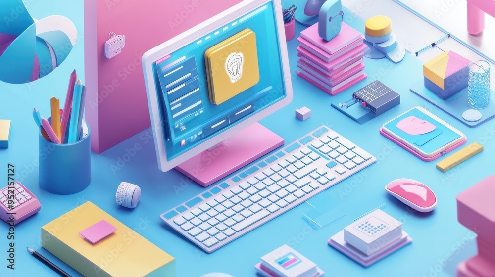 Business isometric workplace concept of workplace with computer Desk and office equipment.Workplace Isometric Vector Illustration 3d rendering Business isometric workplace concept of workplace with computer Desk and office equipment.Workplace Isometric Vector Illustration 3d rendering