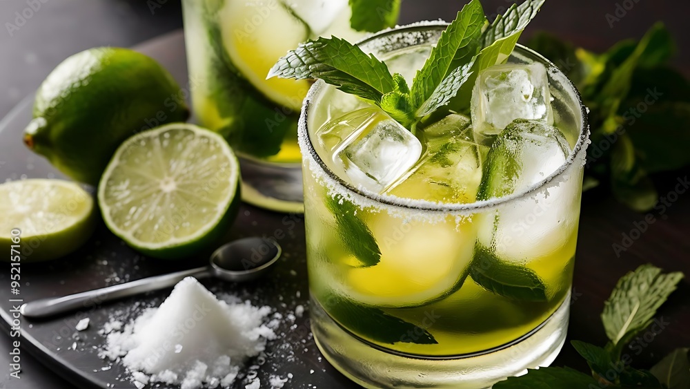 Close-up view of mojito cocktail in glass, crushed sugar, limes and ice cubes on table, cocktail drinks concept Close-up view of mojito cocktail in glass, crushed sugar, limes and ice cubes on table, cocktail drinks concept