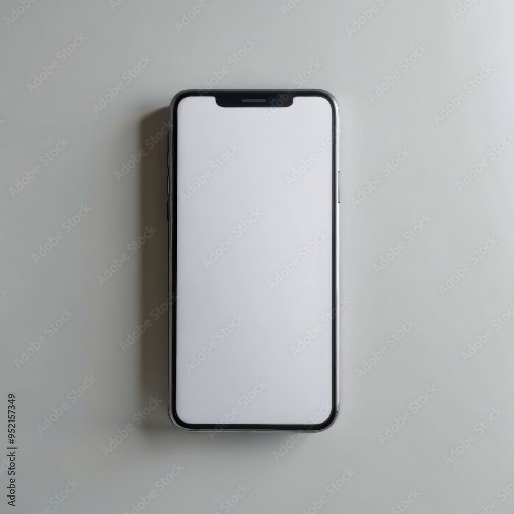 A sleek smartphone with a black frame and a blank white screen lies flat on a minimalist, light grey surface. A sleek smartphone with a black frame and a blank white screen lies flat on a minimalist, light grey surface.