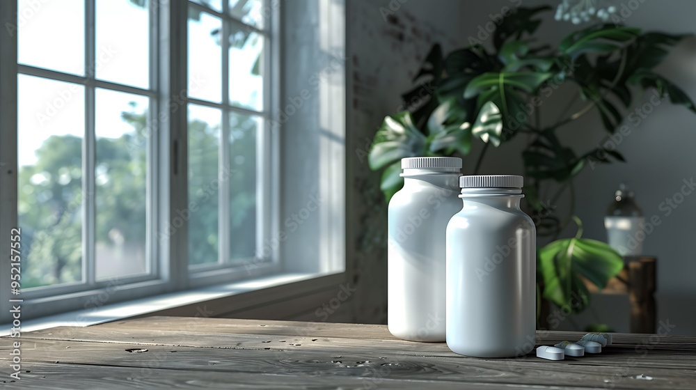 Two white pill bottles sit on a wooden table in front of a window with a plant in the background.