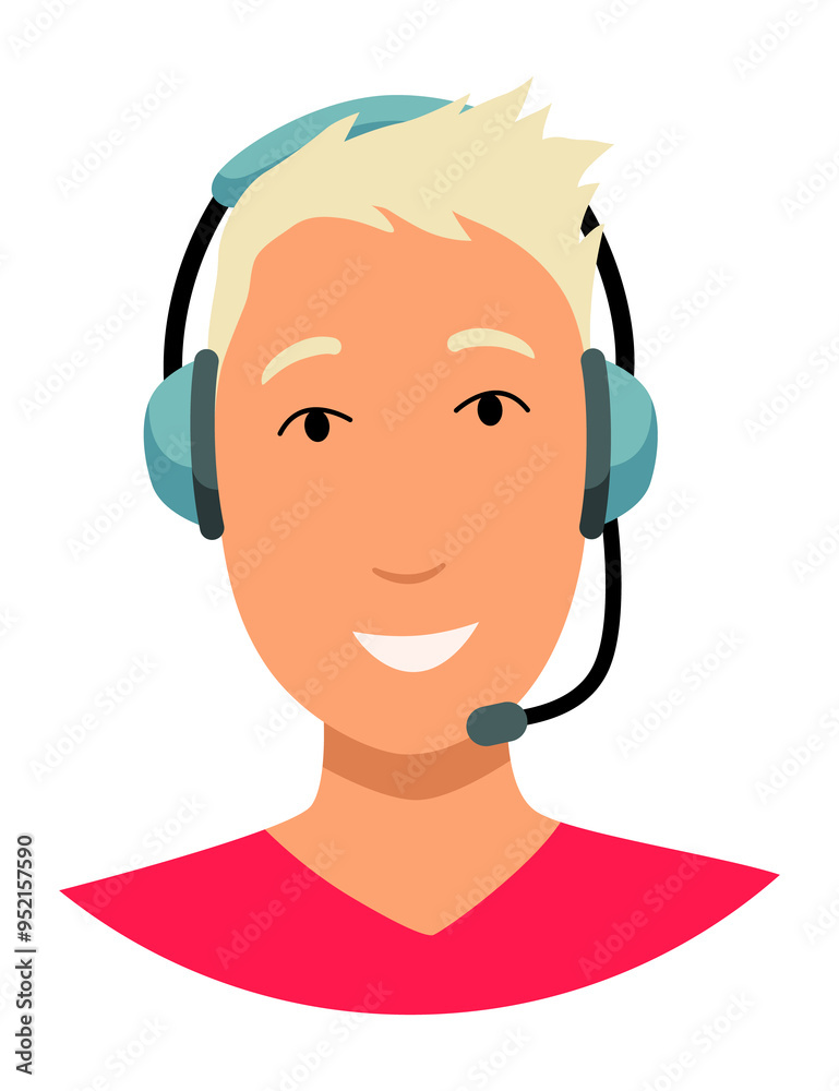 Call center operator avatar with headphone. Online support service assistant. Male customer help manager. illustration of character Call center operator avatar with headphone. Online support service assistant. Male customer help manager. illustration of character