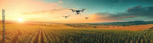 Drones flying over a sprawling agricultural field at sunset, showcasing modern technology in farming and precision agriculture techniques.