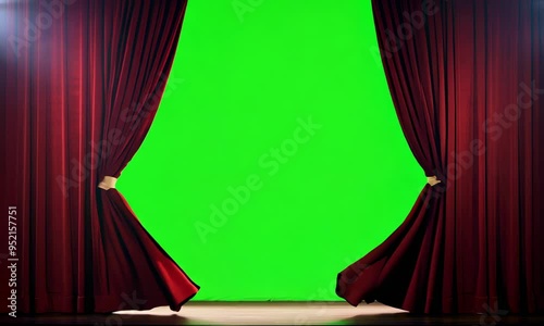 Red curtain opening on stage against green background

