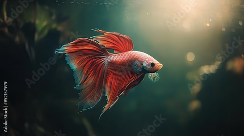 A beautiful fighting fish with a flowing tail drifts alone in a shadowy, tranquil tank, its vibrant colors a stark contrast