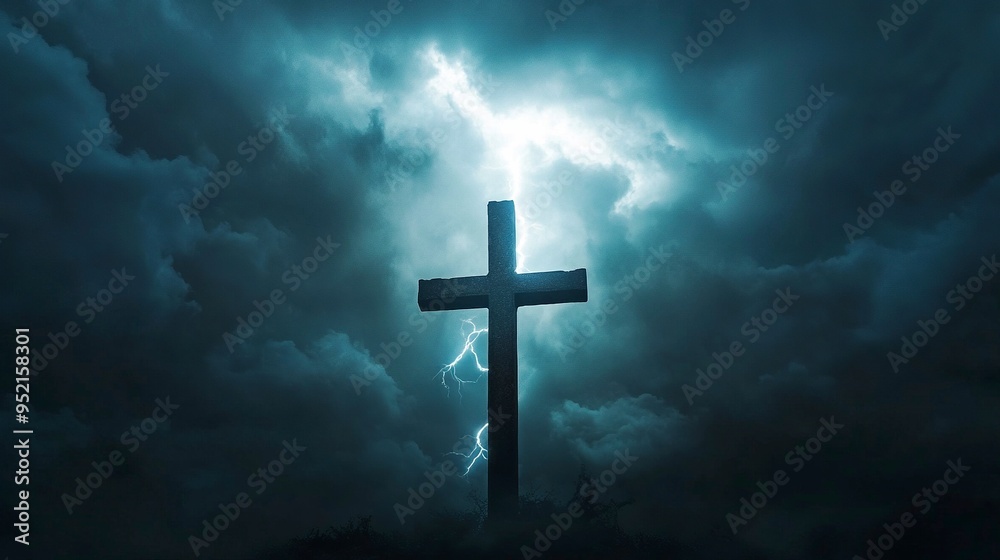 Dramatic image showing a religious church cross framed against a moody sky that is beginning to open and pierce light through behind the cross, showing the Lord's presence. generative ai Dramatic image showing a religious church cross framed against a moody sky that is beginning to open and pierce light through behind the cross, showing the Lord's presence. generative ai