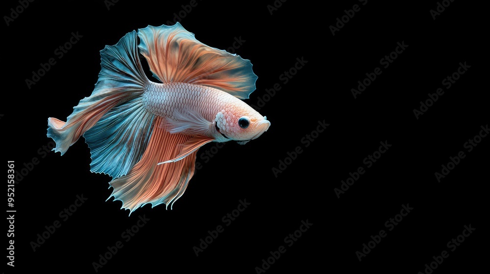 A beautiful moment frozen in time, as a Halfmoon Betta fish with vivid colors moves gracefully against a black background, A beautiful moment frozen in time, as a Halfmoon Betta fish with vivid colors moves gracefully against a black background,