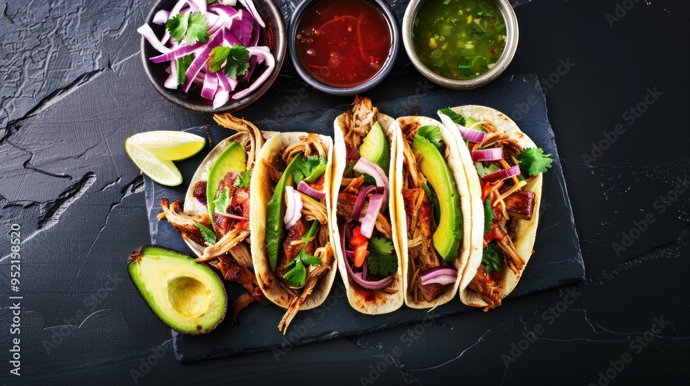 Mexican street tacos flat lay composition Mexican street tacos flat lay composition