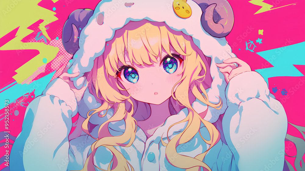 cute sheep character wearing anime onesie costume, anime style, cute kawaii, simple, smiling happy. neon psychedelic background cute sheep character wearing anime onesie costume, anime style, cute kawaii, simple, smiling happy. neon psychedelic background