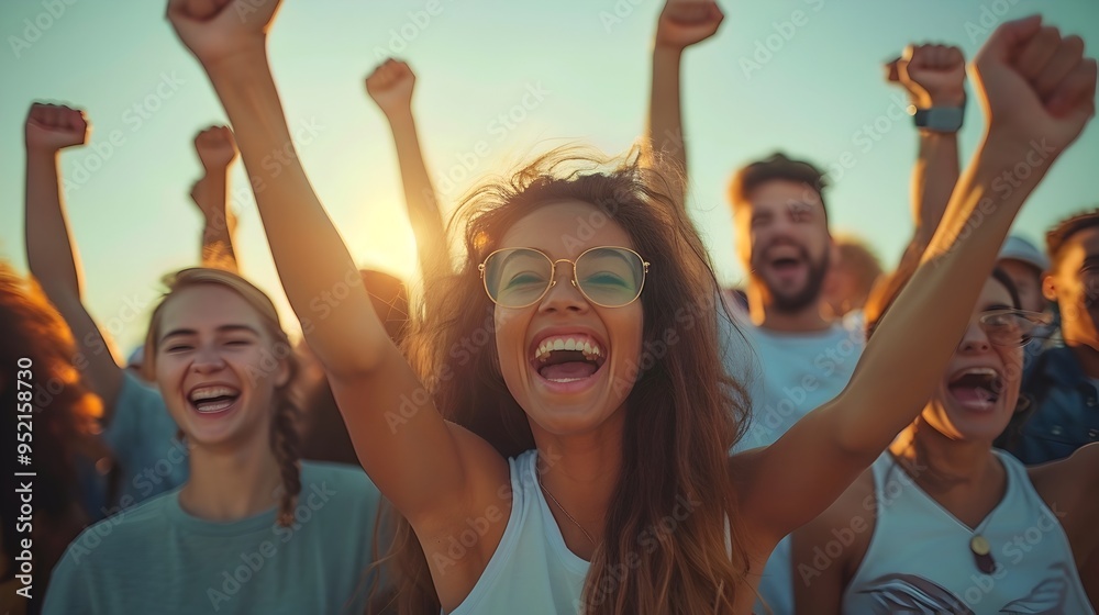 Joyful Crowd Celebrating Victory and Triumph with Raised Arms and Smiles Joyful Crowd Celebrating Victory and Triumph with Raised Arms and Smiles