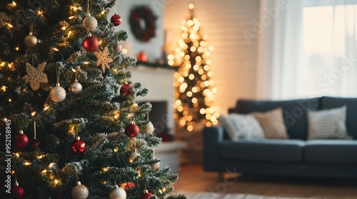 Fototapeta Naklejka Na Ścianę i Meble -  A beautifully decorated Christmas tree stands tall in a cozy living room, adorned with sparkling lights and ornaments