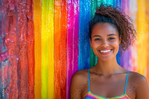 Smiling young woman poses against a vibrant rainbow wall in summer, copy space for text photo