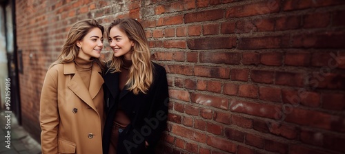 Two smiling women share a joyful moment by a brick wall in autumn, copy space for text photo