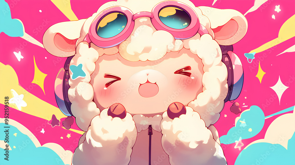 cute sheep character wearing anime onesie costume, anime style, cute kawaii, simple, smiling happy. neon psychedelic background cute sheep character wearing anime onesie costume, anime style, cute kawaii, simple, smiling happy. neon psychedelic background
