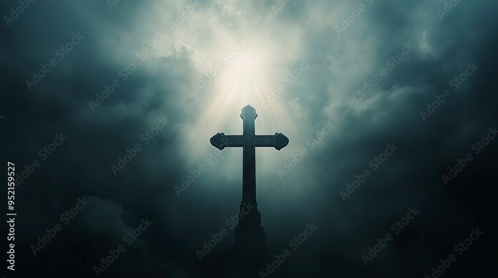 Dramatic image showing a religious church cross framed against a moody sky that is beginning to open and pierce light through behind the cross, showing the Lord's presence. generative ai Dramatic image showing a religious church cross framed against a moody sky that is beginning to open and pierce light through behind the cross, showing the Lord's presence. generative ai