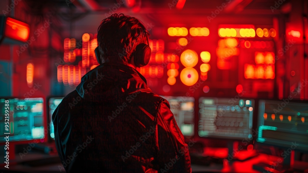 Hacker Launching Cyber Attack in High Tech Control Room with Red Warning Lights Flashing Hacker Launching Cyber Attack in High Tech Control Room with Red Warning Lights Flashing