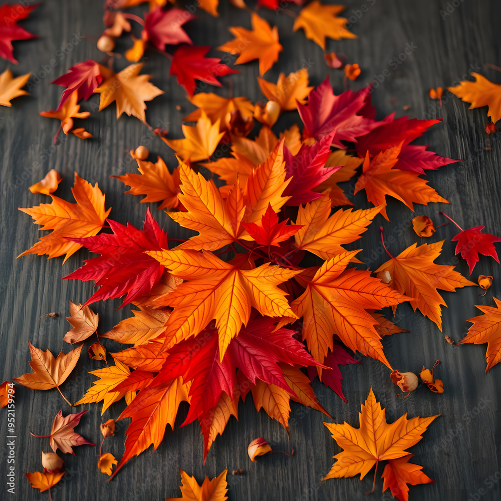 Colorful autumn leaves scattered on a wooden surface in the fall season Colorful autumn leaves scattered on a wooden surface in the fall season