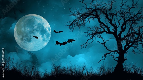 Haunted background with illustrations of pumpkins, a cemetery, and bats in the middle of a full moon. 