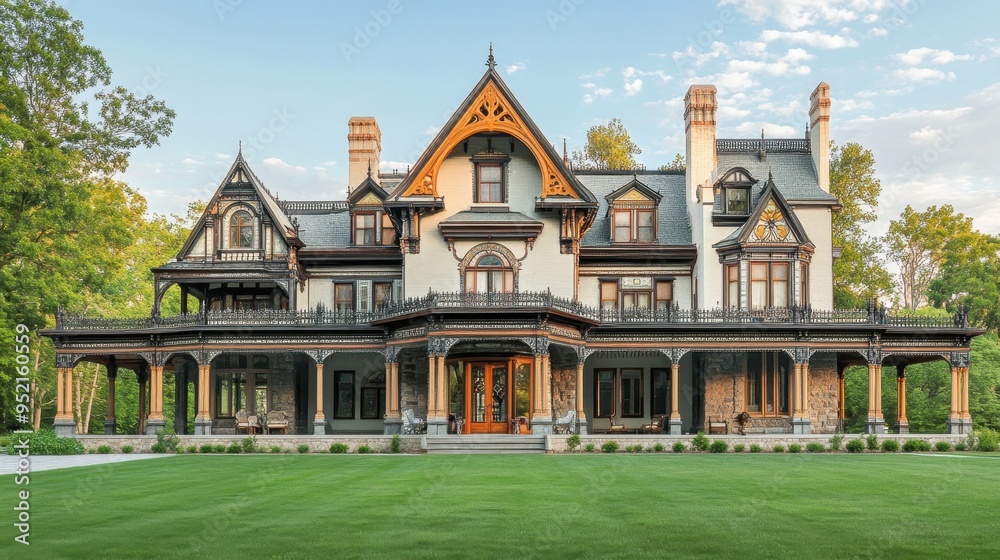 Naklejka premium A grand, historic mansion with intricate architecture and a spacious lawn.