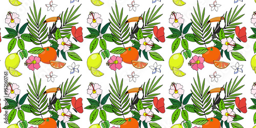 Vector color drawing of fruit lemon, orange, tropics, tropical plants, toucan. Seamless pattern