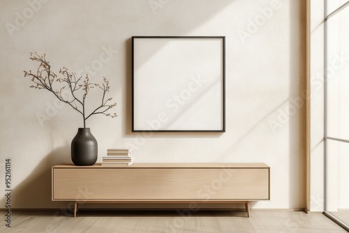 Minimalist Frame Mockup on Textured Wall above Modern Sideboard with Vase and Books