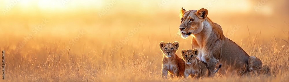 A majestic lioness sits with her playful cubs in golden grass during a stunning sunset, showcasing the beauty of wildlife.