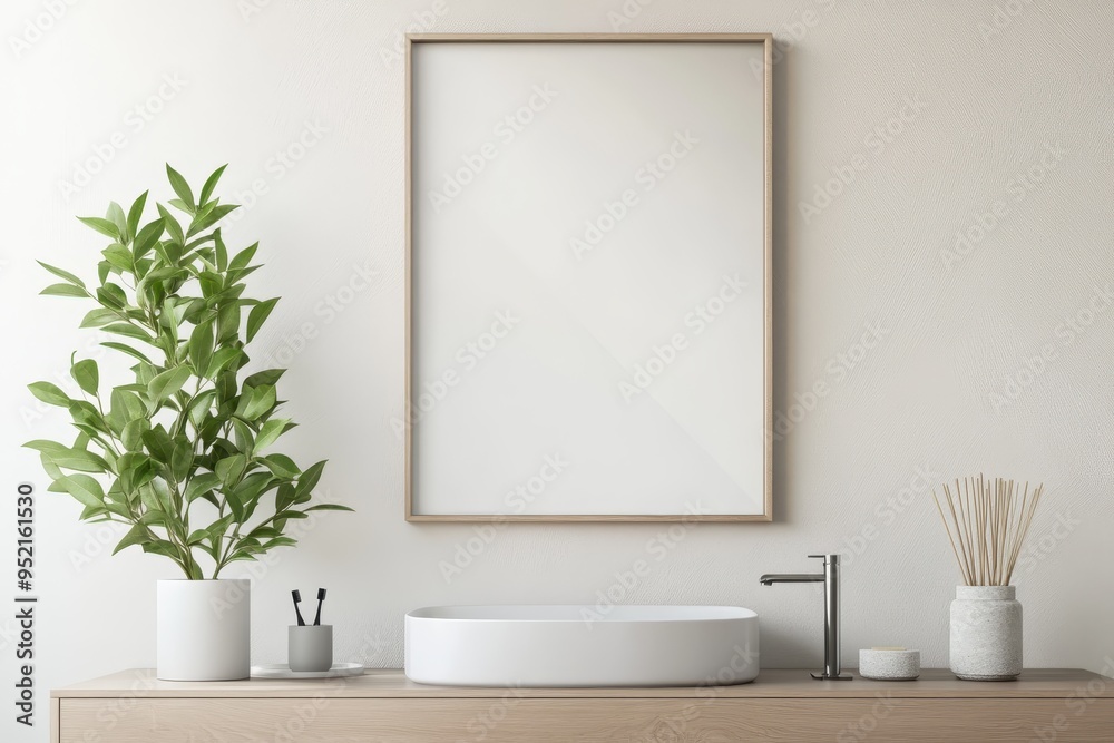 Minimalist Close-Up Frame Mockup in Modern Bathroom with Metallic Frame Above Floating Vanity and Small Plant Minimalist Close-Up Frame Mockup in Modern Bathroom with Metallic Frame Above Floating Vanity and Small Plant