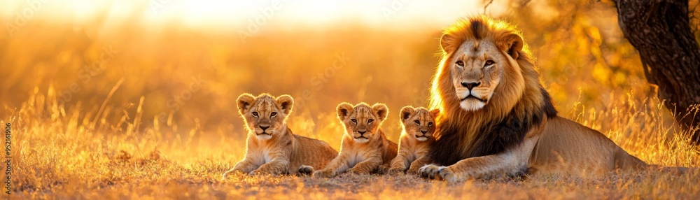 A majestic lion and its playful cubs resting in golden grass during sunset, showcasing the beauty of wildlife and family bonds. A majestic lion and its playful cubs resting in golden grass during sunset, showcasing the beauty of wildlife and family bonds.