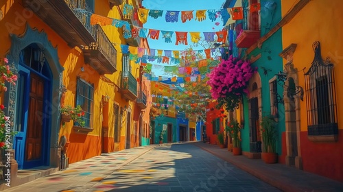 A vibrant alleyway in San Miguel, Mexico, featuring colorful flags and lush plants that create a lively urban atmosphere. This scene captures the essence of traditional Mexican architecture, with buil photo