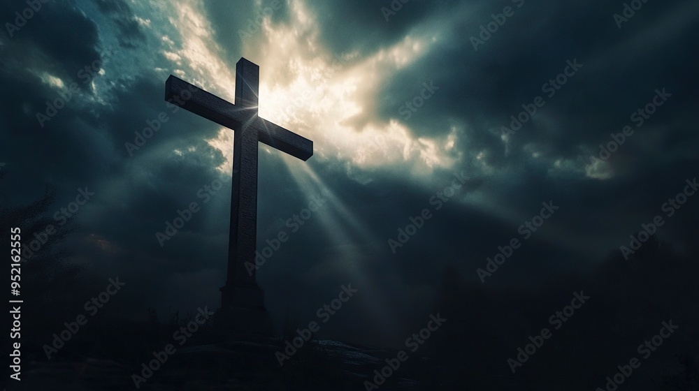 Dramatic image showing a religious church cross framed against a moody sky that is beginning to open and pierce light through behind the cross, showing the Lord's presence. generative ai Dramatic image showing a religious church cross framed against a moody sky that is beginning to open and pierce light through behind the cross, showing the Lord's presence. generative ai
