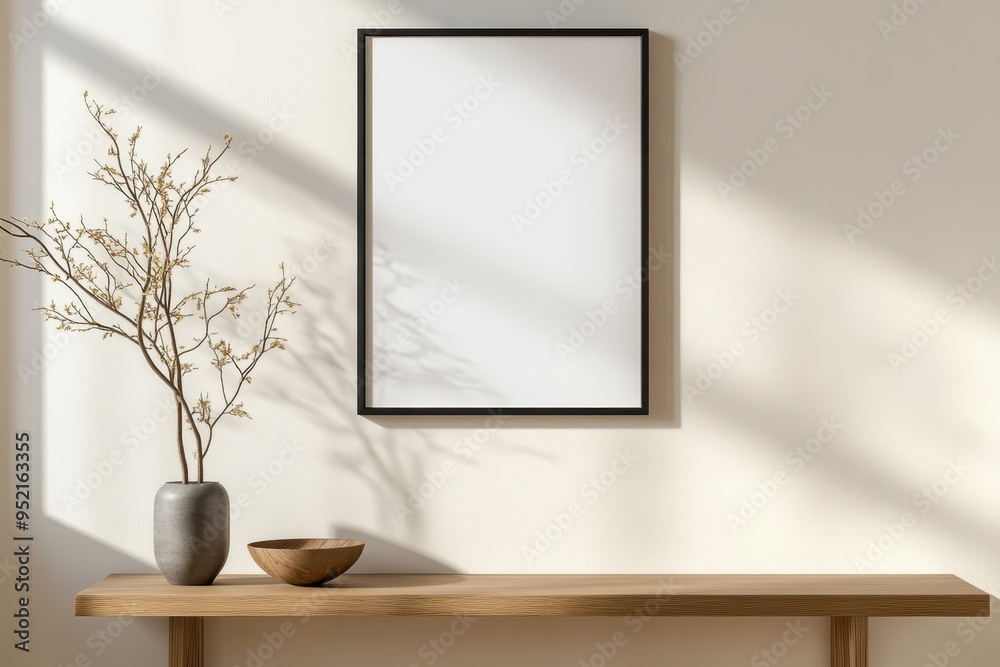 Obraz premium Modern Entryway Frame Mockup with Black Frame, Console Table, and Plant Decor