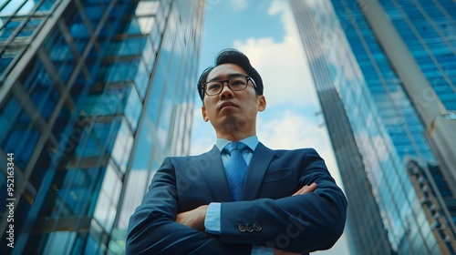 Confident Business Leader Standing Before Skyscraper Symbol of Corporate Success and Achievement