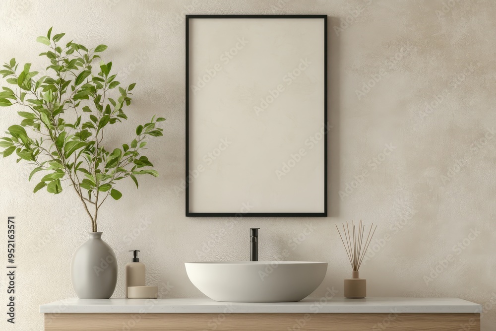 Fototapeta premium Modern Bathroom Interior Close-Up Frame Mockup with Black Frame, Floating Vanity, and Plant