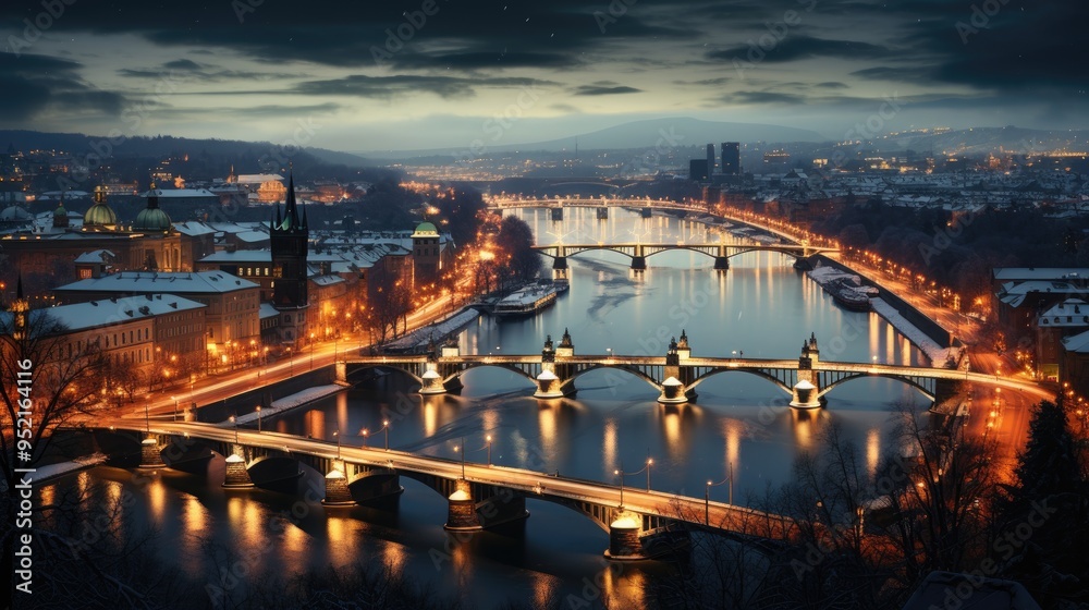 Fototapeta premium Classic view of Prague at Twilight, panorama of Bridges 