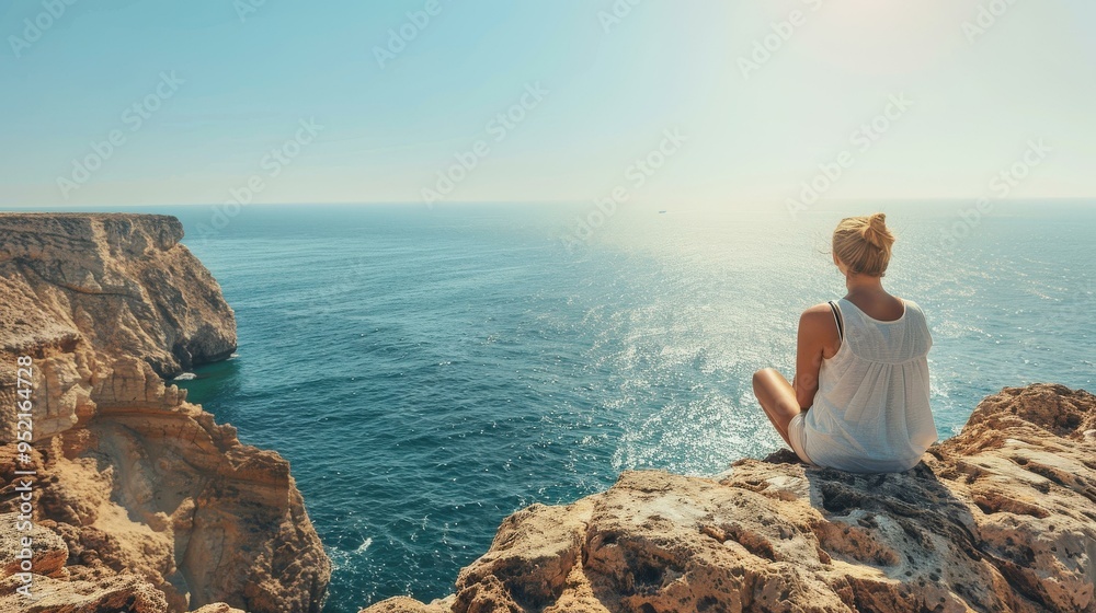 Woman Sitting on Cliff Overlooking Ocean, Blue Sky, Summer Vacation Woman Sitting on Cliff Overlooking Ocean, Blue Sky, Summer Vacation