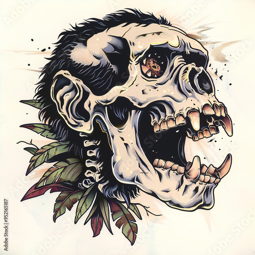 Gorilla head skeleton bones very simple traditional tattoo flash styles illustration photo