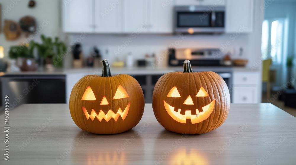 Lit Jack-o'-Lantern Pumpkins on Table. Lit Jack-o'-Lantern Pumpkins on Table.