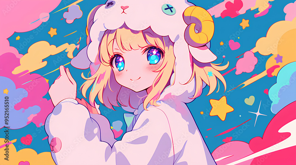 cute sheep character wearing anime onesie costume, anime style, cute kawaii, simple, smiling happy. neon psychedelic background