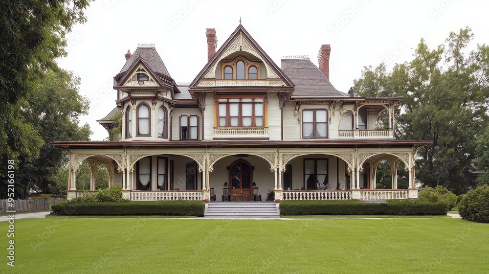 A large Victorian-style house with intricate architecture and a well-maintained lawn. A large Victorian-style house with intricate architecture and a well-maintained lawn.