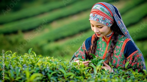 Asian Woman in Traditional Attire Picking Tea Leaves in a Lush Green Tea Plantation photo